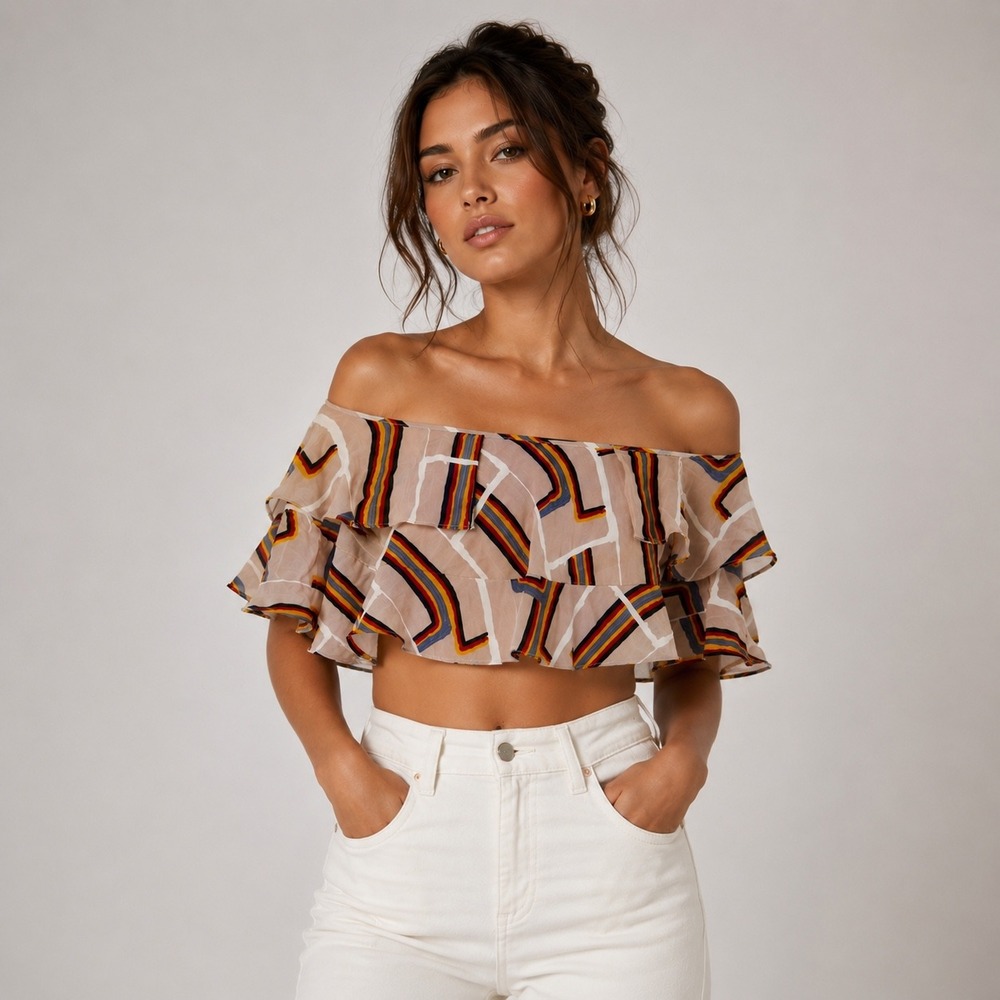 Rachel Comey Beige Off-Shoulder Ruffle Stripe Crop Top